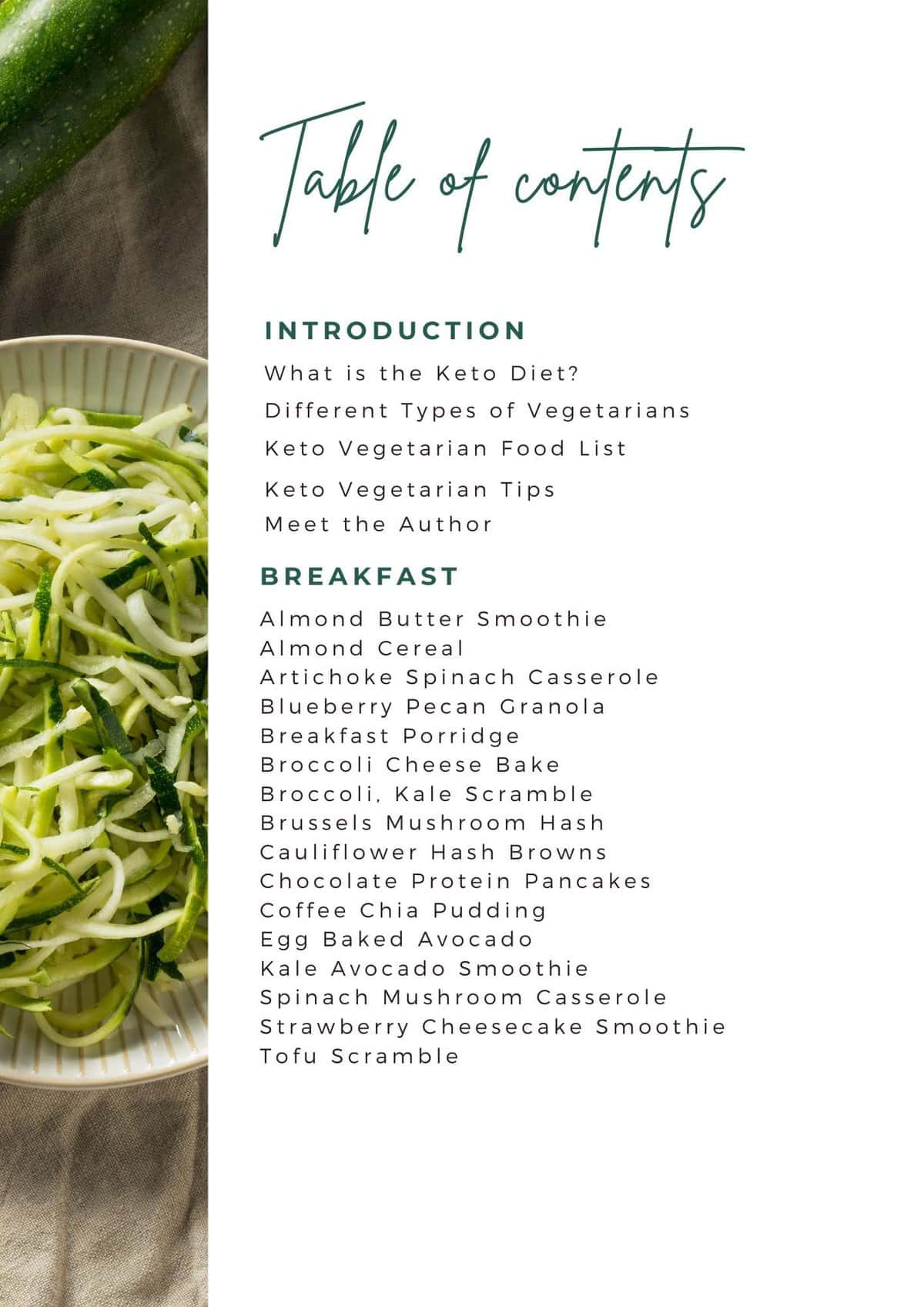 Ebook table of contents for keto vegetarian recipes, including breakfast options and tips, presented on a clean white background.