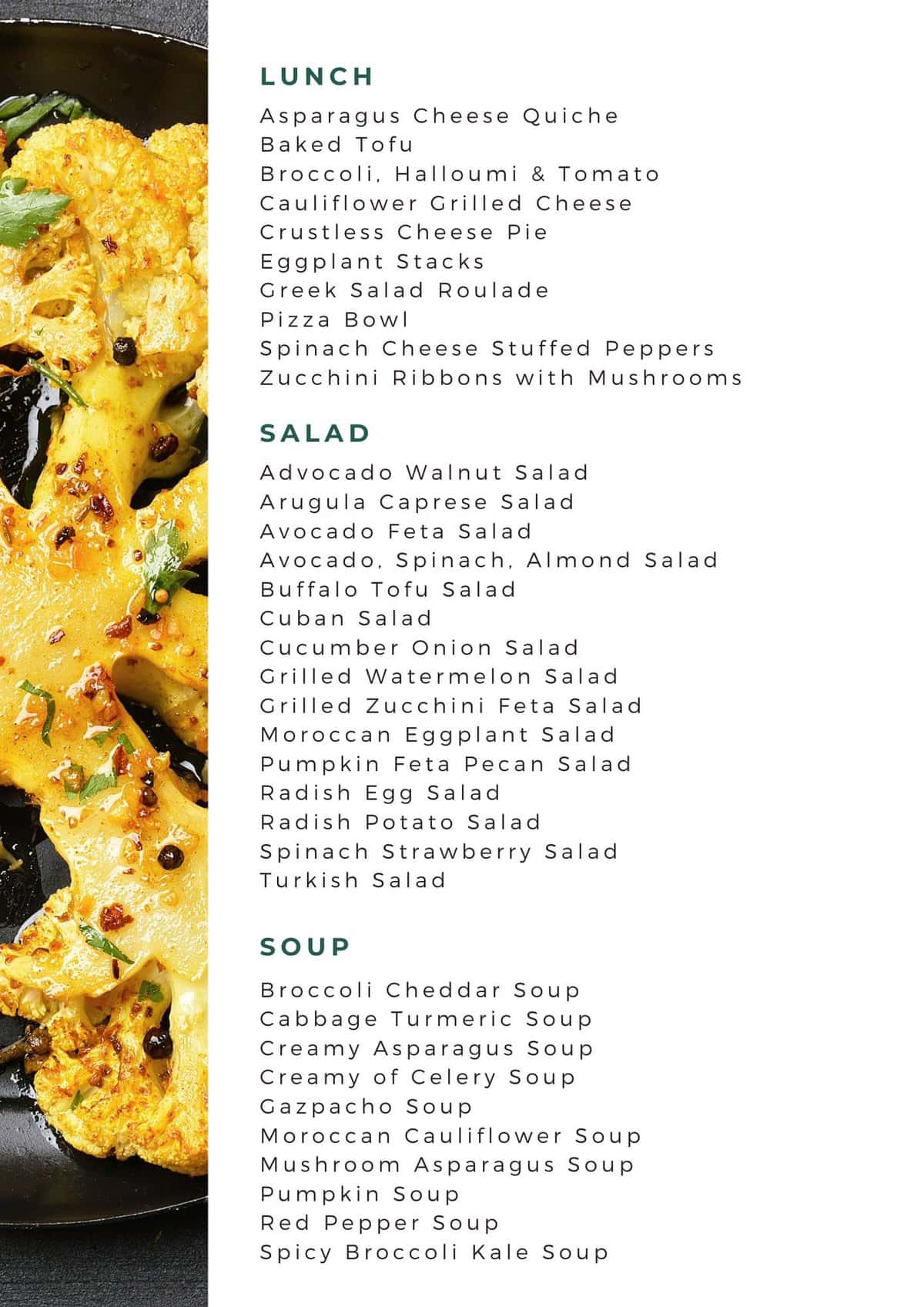 Menu featuring a variety of keto salad and soup options listed under "Lunch" categories, including ingredients for each item, displayed on a wooden clipboard.