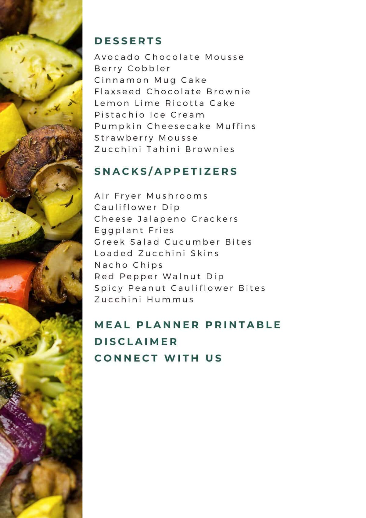 Text menu listing desserts, keto vegetarian snacks/appetizers, and special platters with contact and disclaimer info at the bottom.