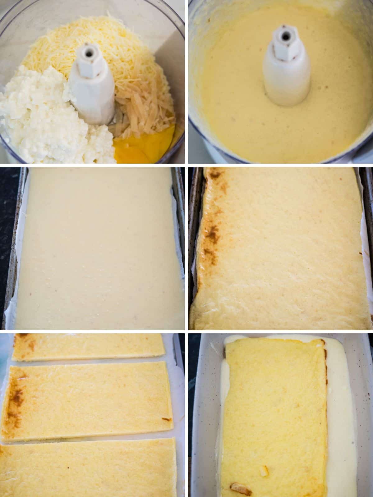 Six-step process of making a dish: from blending cheese, cottage cheese, and egg into a batter, pouring into a tray to create keto lasagna noodles, baking until golden, cutting into slices, and the final baked result.