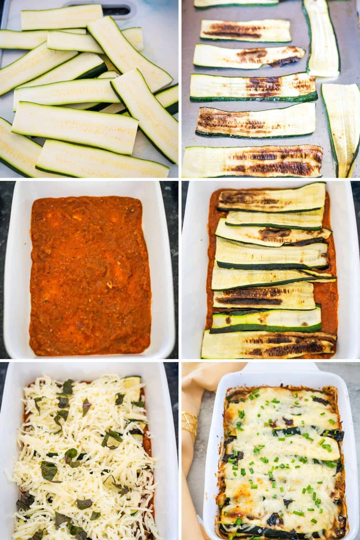 A step-by-step process of making zucchini lasagna, showing sliced zucchini, grilled zucchini, zucchini layered with tomato sauce, and topped with cheese, then the final baked dish.