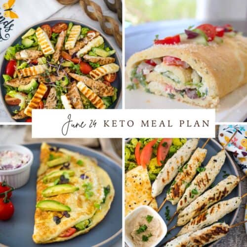 A four-photo collage featuring various dishes for a keto meal plan. The meals include a salad with grilled cheese, a stuffed roll, an omelet with avocado, and kebabs with grilled vegetables and flatbread.