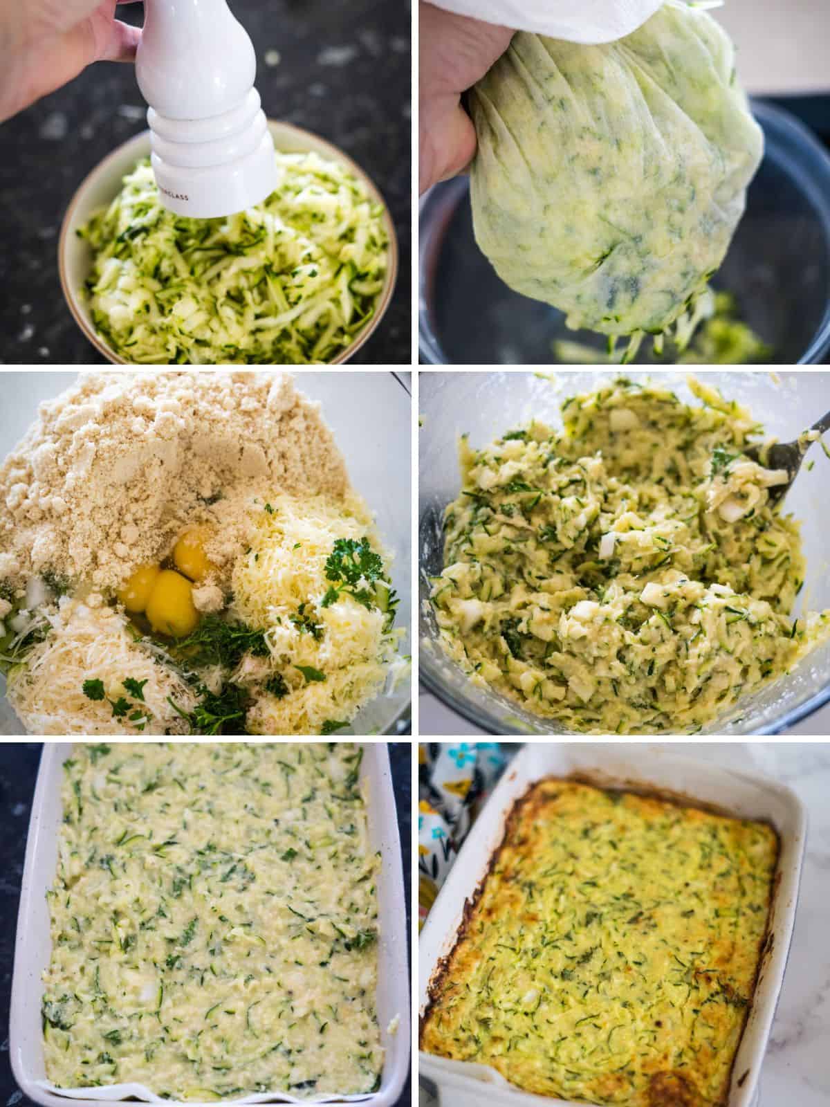 A six-step process of preparing a keto zucchini slice: grating zucchini, squeezing out liquid, mixing grated zucchini with other ingredients, stirring, spreading the mixture in a pan, and baking to a golden brown.