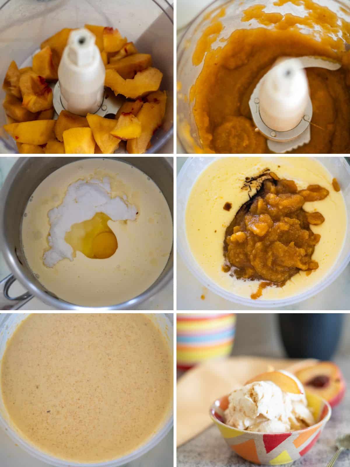 A step-by-step process of making homemade ice cream, showing a blender with peach slices, blended peaches, a mix of cream and eggs, added peach mixture, a combined mix, and the final ice cream in a bowl.