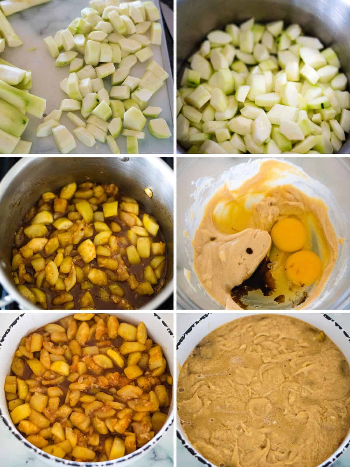 Sequence of six images showing the preparation steps for a dish with chopped apples: cutting, mixing with spices in a pot, adding eggs and vanilla, combining ingredients, and pouring batter into a baking dish.