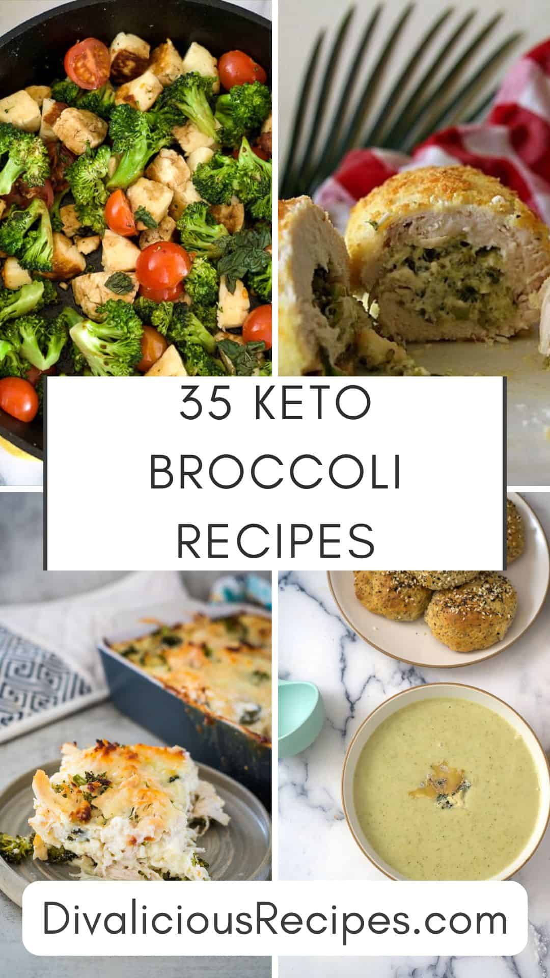 A collage of various keto broccoli dishes with the text "35 Keto Broccoli Recipes" in the center. The dishes include a stir-fry, stuffed roll, casserole, bread rolls, and soup.