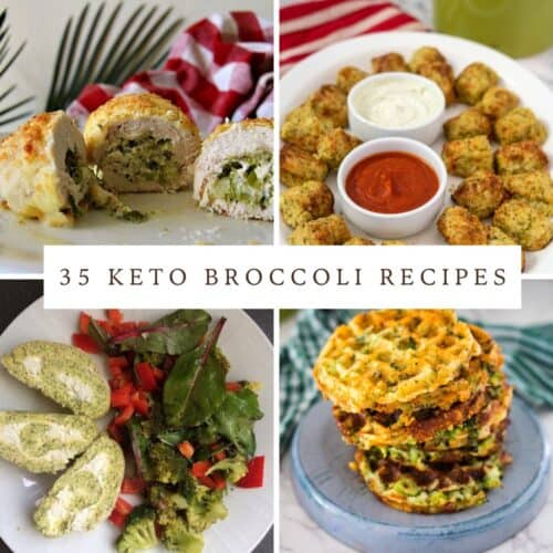 Four images of different keto broccoli dishes surrounding the text "35 Keto Broccoli Recipes." Dishes include stuffed chicken, broccoli bites with dips, broccoli salad, and broccoli waffles. Dive into these keto broccoli recipes for delicious and healthy meal ideas.