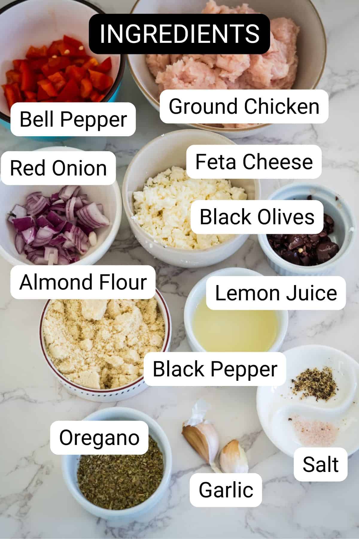 A photo showing various labeled ingredients: Bell Pepper, Ground Chicken, Red Onion, Feta Cheese, Black Olives, Almond Flour, Lemon Juice, Black Pepper, Oregano, Salt, and Garlic on a surface.