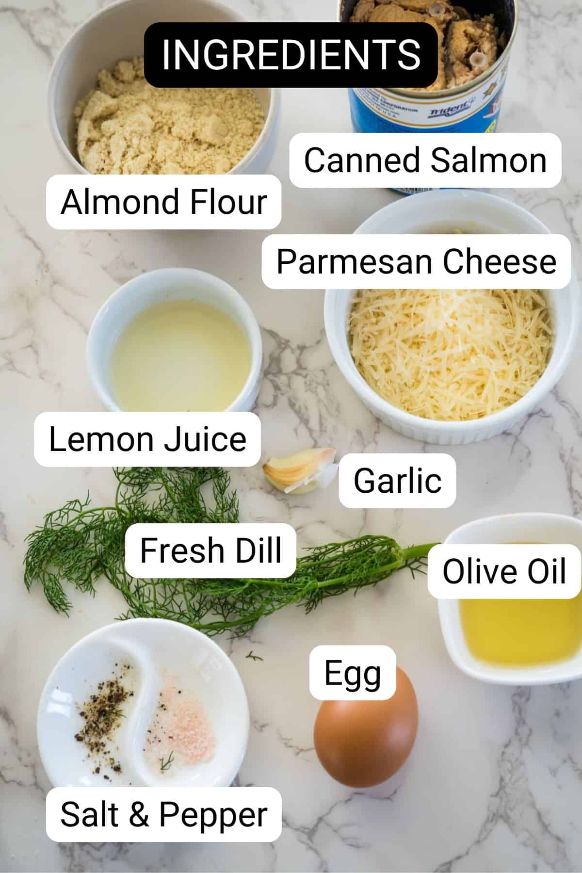 Image showing various ingredients labeled as canned salmon, almond flour, Parmesan cheese, lemon juice, fresh dill, garlic, olive oil, egg, salt & pepper, arranged on a marble countertop.