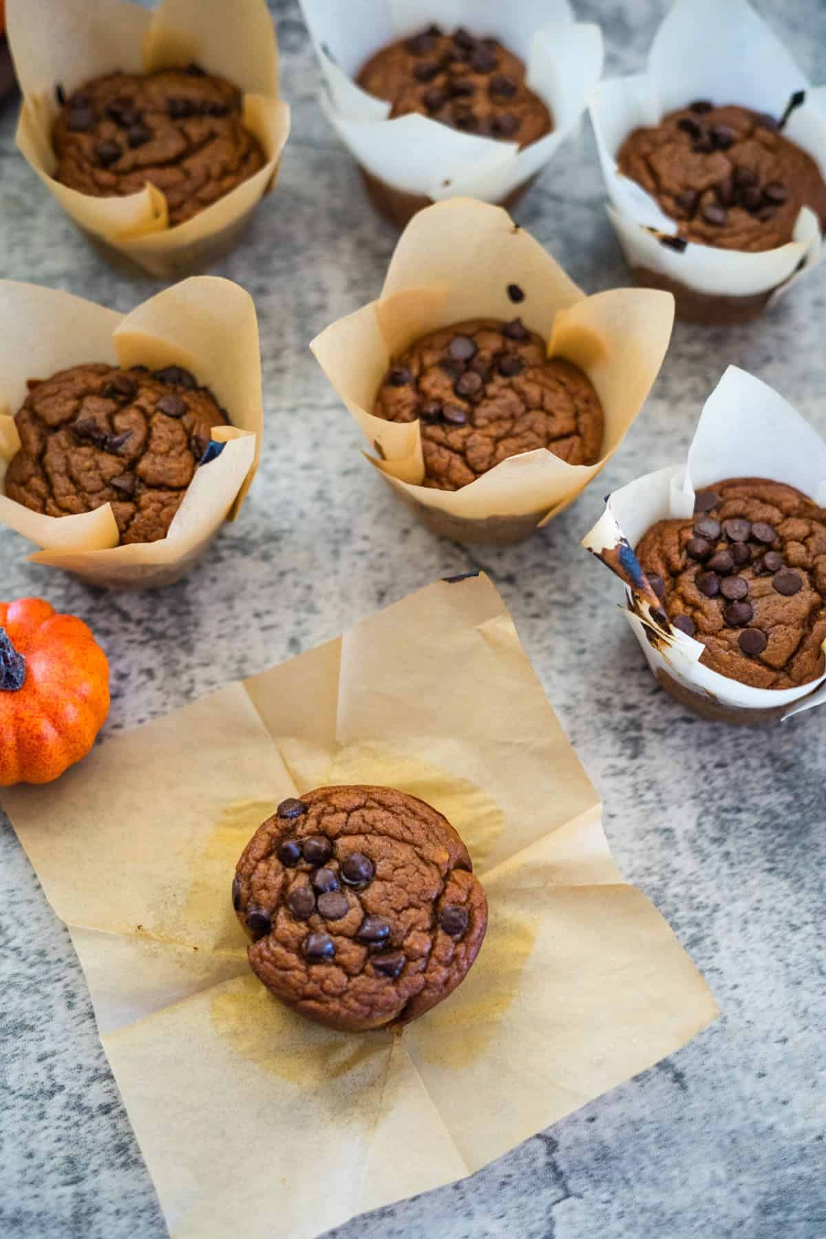 Flourless pumpkin chocolate chip muffins in parchment paper on a textured surface with a small orange pumpkin on the side. One muffin is placed outside its wrapper.