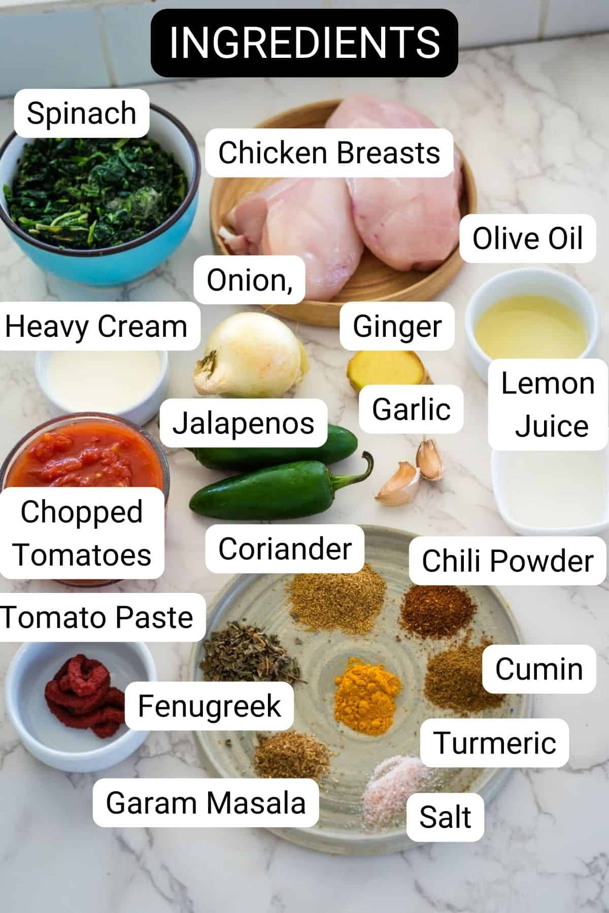 An arranged shot of ingredients for a recipe, including chicken breasts, spinach, heavy cream, onion, garlic, and various spices and sauces like cumin, coriander, garam masala, and tomato paste.