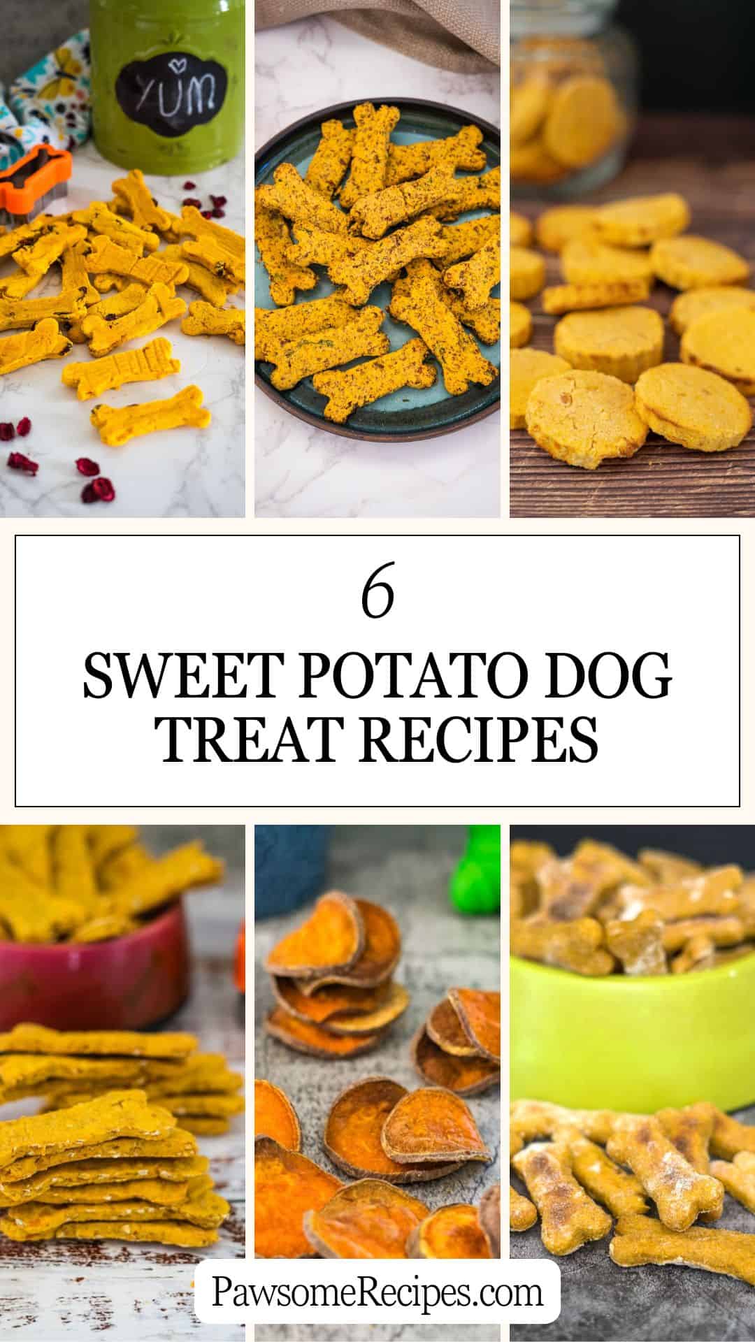 A collage image shows six different sweet potato dog treat recipes, including air fryer sweet potato wedges, laid out in various styles. Text reads "6 Sweet Potato Dog Treat Recipes" and "PawsomeRecipes.com" at the bottom.