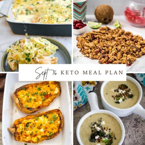 Collage of keto meal plan dishes: broccoli casserole, granola, stuffed squash, and broccoli soup. Text reads "Sept '16 Keto Meal Plan.