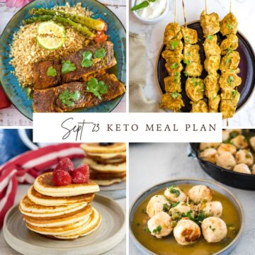 Keto meal collage: grilled fish with rice, chicken skewers, raspberry-topped pancakes, and soup with meatballs. Text reads "Sept 23 Keto Meal Plan.