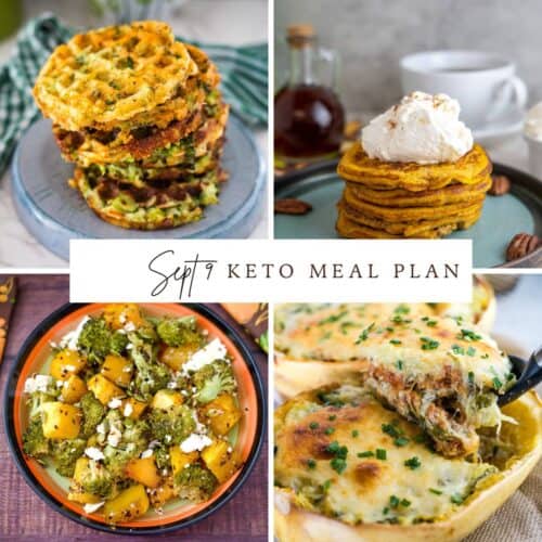 A collage of keto meals: stacked waffles, pancakes with cream, roasted vegetables with feta, and stuffed zucchini boats. Text in the center reads "Sept 9 Keto Diet Weekly Meal Plan.