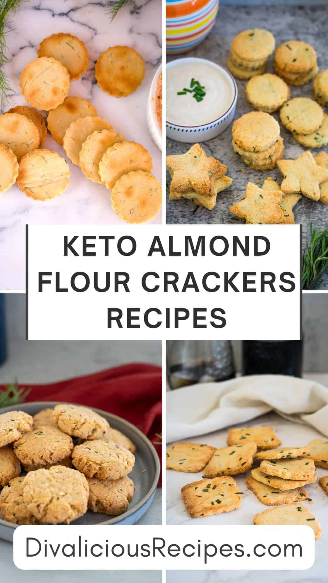 A collage of various keto almond flour crackers, including round and star-shaped, with a text overlay promoting recipes from DivaliciousRecipes.com.