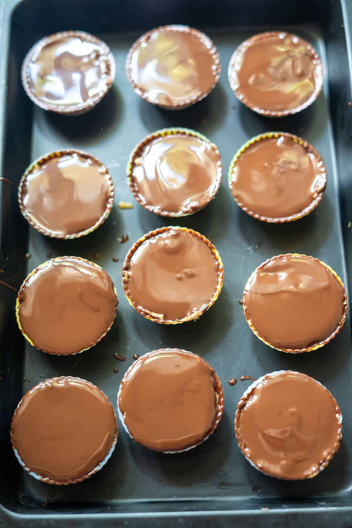 A tray filled with twelve homemade high protein chocolate peanut butter cups.