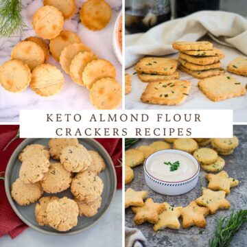 Four different almond flour cracker varieties are displayed: round, square with herbs, round with herbs, and star-shaped with dip. Text reads "Keto Almond Flour Crackers Recipes.