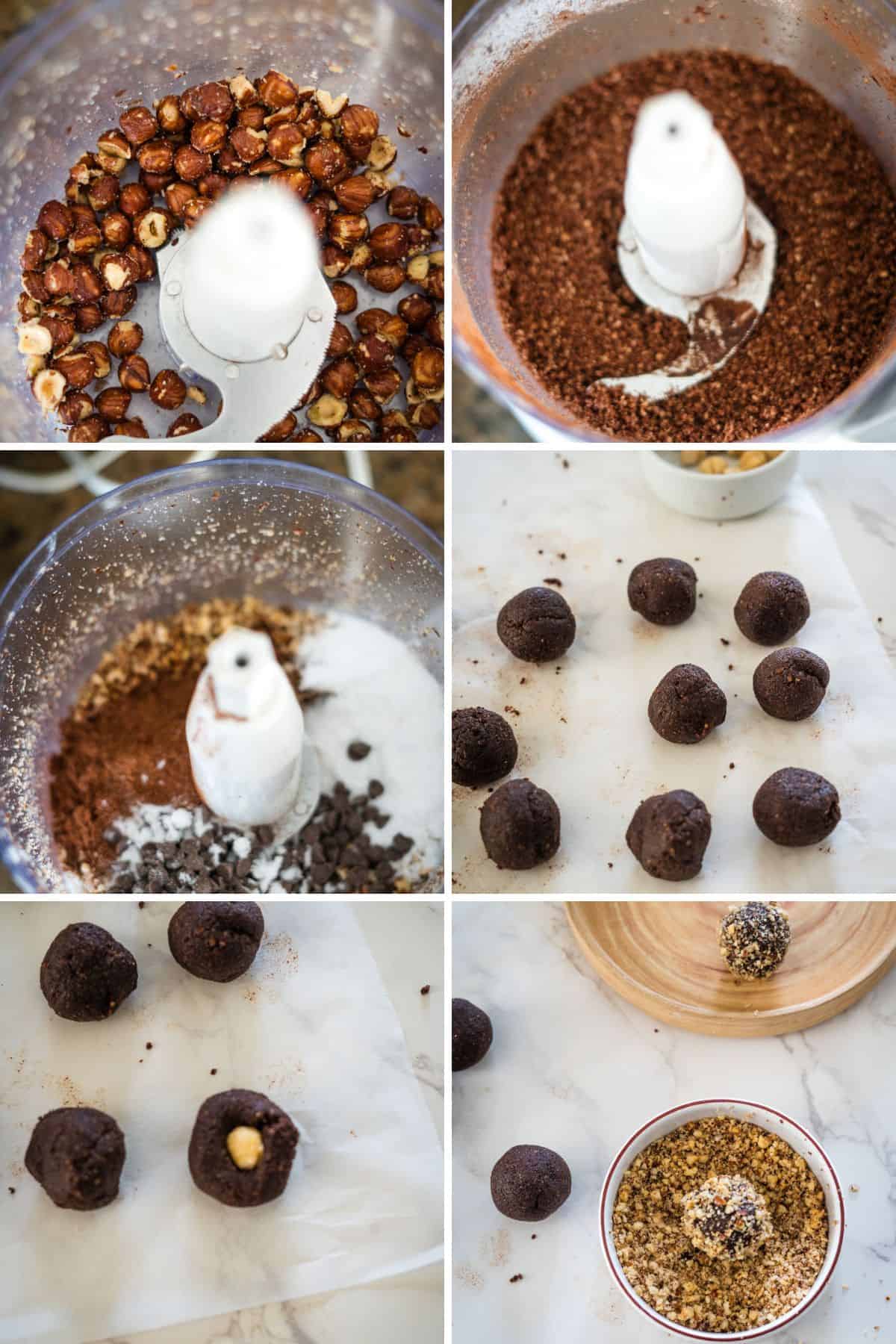 A step-by-step process of making sugar-free Ferrero Rocher-style chocolate hazelnut truffles using a food processor. The images show hazelnuts being processed, ingredients mixed, dough shaped into balls, and truffles coated with nuts.