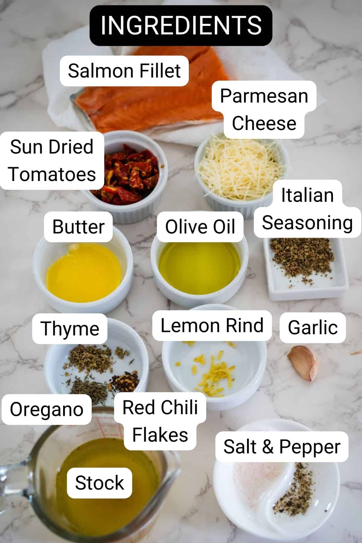 Ingredients for a dish are displayed: salmon fillet, sun-dried tomatoes, Parmesan cheese, butter, olive oil, Italian seasoning, thyme, lemon rind, garlic, oregano, red chili flakes, stock, salt, and pepper.