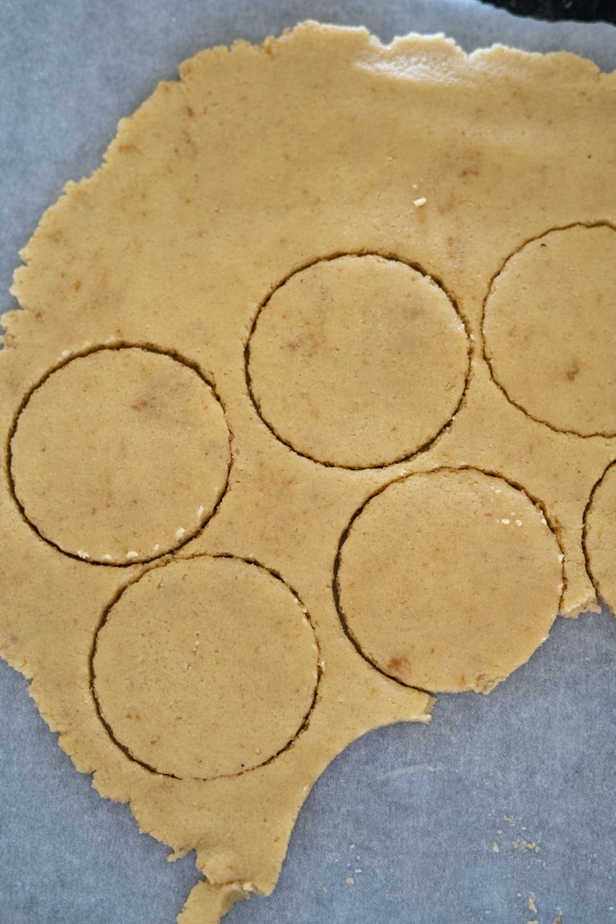 Almond flour cookie dough is rolled out with six circular shapes cut out on parchment paper, ready to become delightful Linzer cookies.