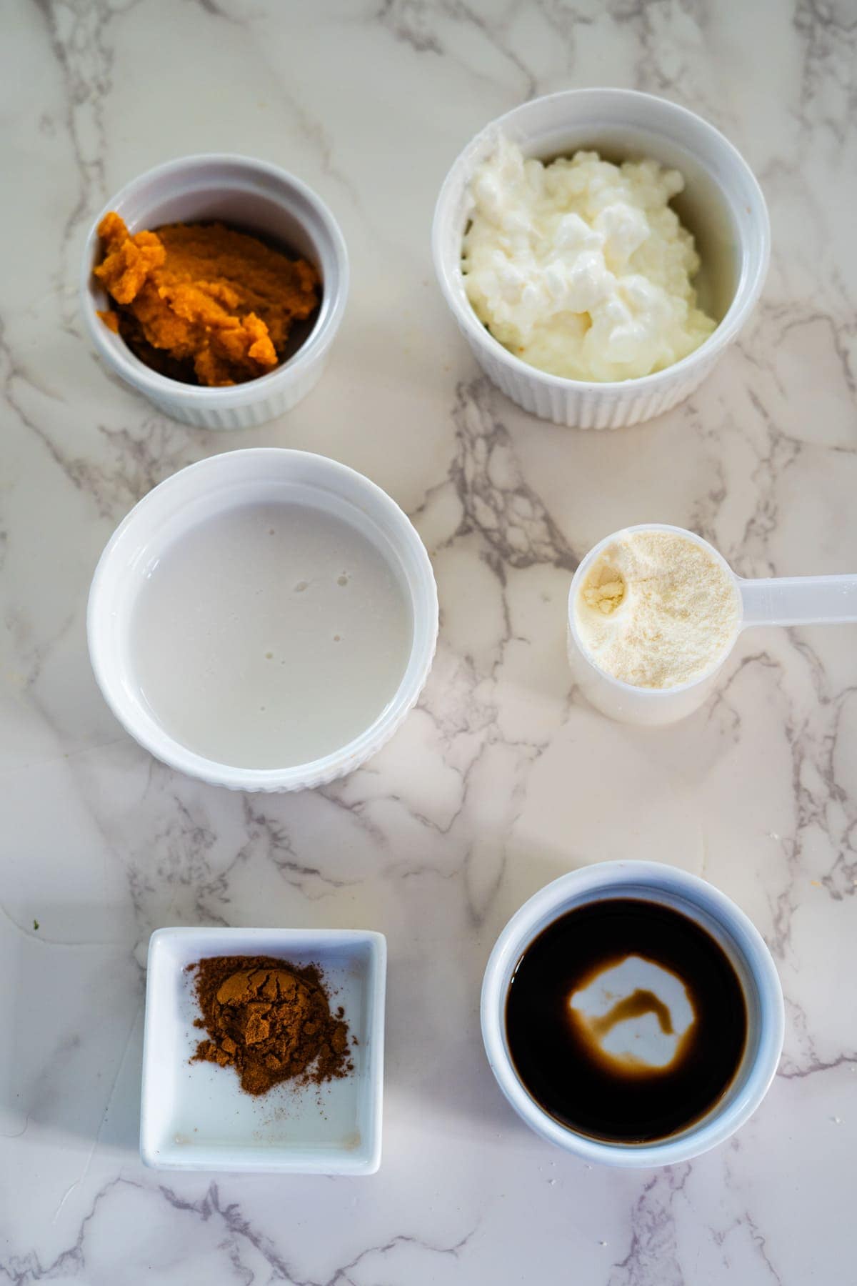 Ingredients arranged on a marble surface: pumpkin puree, cottage cheese, milk, protein powder, cinnamon, and vanilla extract.