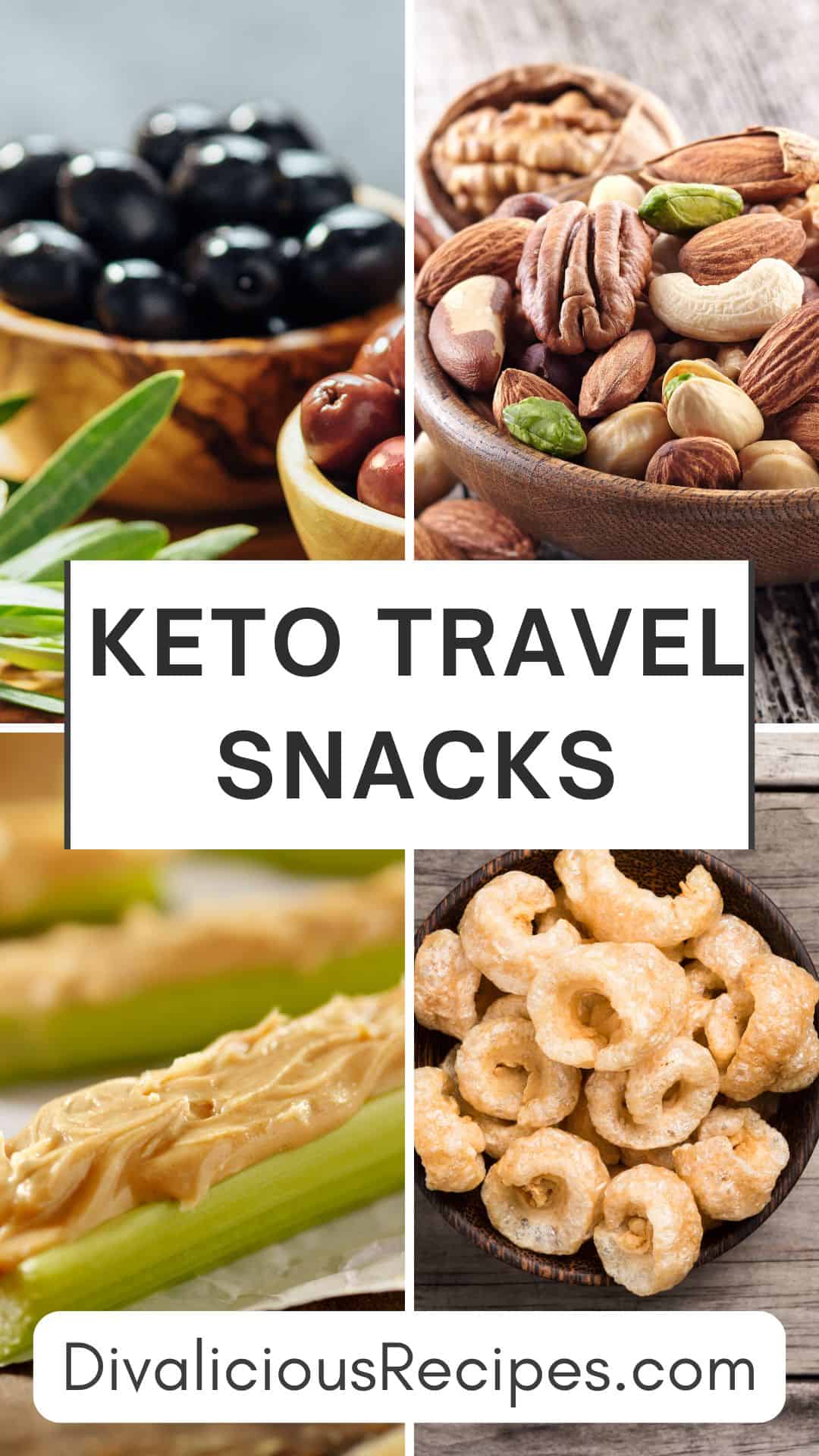 A vibrant collage showcases keto travel snacks like olives, mixed nuts, celery with peanut butter, and crunchy pork rinds, with "Keto Travel Snacks" boldly displayed in the center.