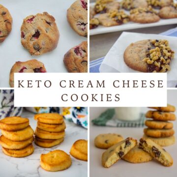 Collage of keto cream cheese cookies with various toppings like berries, nuts, and chocolate chunks, displayed on plates and napkins.