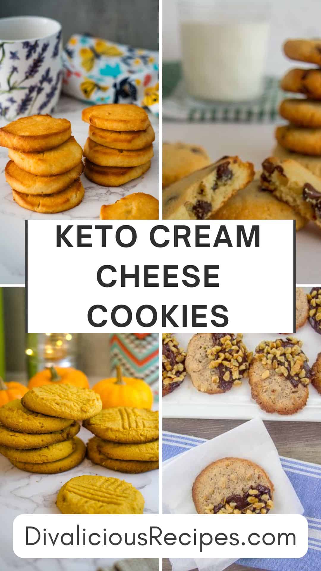 Four images featuring an enticing array of keto cream cheese cookies surround a central text box proudly displaying the phrase "Delicious Keto Cream Cheese Cookies.